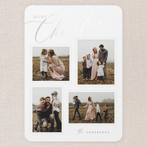 Golden Script Blessings Holiday Card, White, Silver Foil, 5x7 Flat, Christmas, Pearl Shimmer Cardstock, Rounded, White