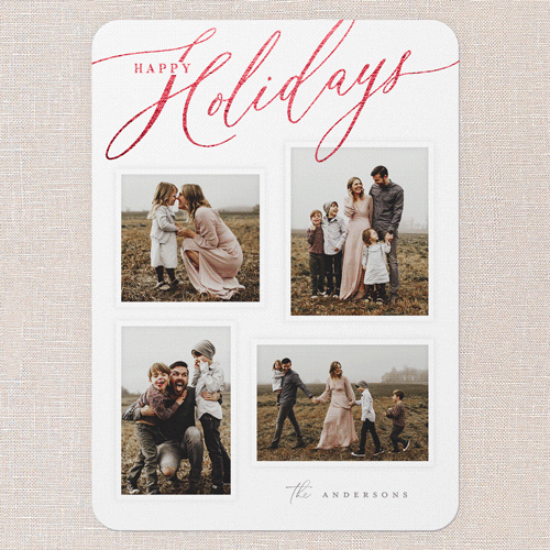 Golden Script Blessings Holiday Card, White, Red Foil, 5x7 Flat, Holiday, Pearl Shimmer Cardstock, Rounded, White