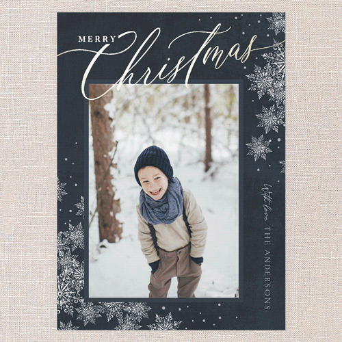 Winter Script Holiday Card, Blue, Gold Foil, 5x7 Flat, Christmas, Pearl Shimmer Cardstock, Square, Indigo