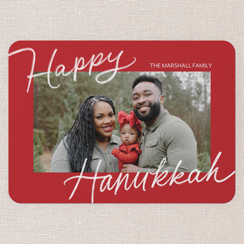Signature Joy Holiday Card, Red, 5x7 Flat, Hanukkah, Pearl Shimmer Cardstock, Rounded, Radish