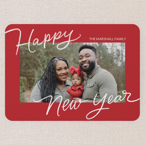 Signature Joy Holiday Card, Red, 5x7 Flat, New Year, Pearl Shimmer Cardstock, Rounded, Radish