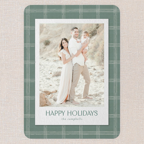 Cozy Plaid Frame Holiday Card, Green, 5x7 Flat, Holiday, Pearl Shimmer Cardstock, Rounded, Tree