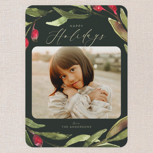 Watercolor Sprigs Holiday Card, Green, 5x7 Flat, Holiday, 100% Recycled Cardstock , Rounded, Pine Grove