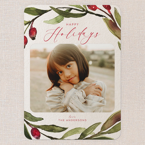 Watercolor Sprigs Holiday Card, Beige, 5x7 Flat, Holiday, 100% Recycled Cardstock , Rounded, Cream