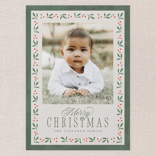 Berry Branch Frame Holiday Card, Green, 5x7 Flat, Christmas, 100% Recycled Cardstock , Square, Basil