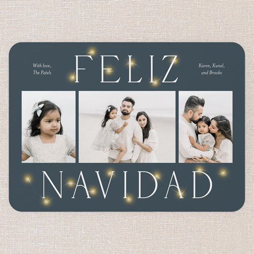 Luminous Glow Holiday Card, Blue, 5x7 Flat, Feliz Navidad, Pearl Shimmer Cardstock, Rounded, Slate Blue