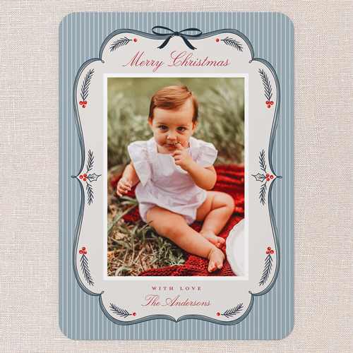Ribboned Greetings Holiday Card, Blue, 5x7 Flat, Christmas, Matte, Signature Smooth Cardstock, Rounded, Denim