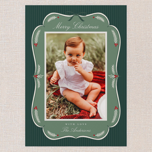 Ribboned Greetings Holiday Card, Green, 5x7 Flat, Christmas, Pearl Shimmer Cardstock, Square, Pine Grove