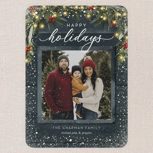 Rustic Garland Holiday Card, Gold Foil, Blue, 5x7 Flat, Holiday, Pearl Shimmer Cardstock, Rounded, Cobalt