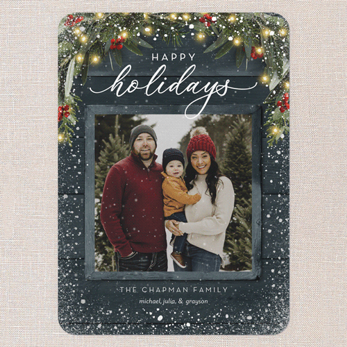 Rustic Garland Holiday Card, Blue, Silver Foil, 5x7 Flat, Holiday, Pearl Shimmer Cardstock, Rounded, Cobalt