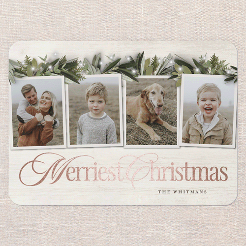 Golden Script Holiday Card, Beige, Rose Gold Foil, 5x7 Flat, Christmas, Pearl Shimmer Cardstock, Rounded, Cream