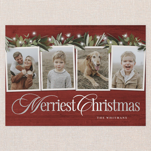 Golden Script Holiday Card, Silver Foil, Red, 5x7 Flat, Christmas, Pearl Shimmer Cardstock, Square, Cinnamon