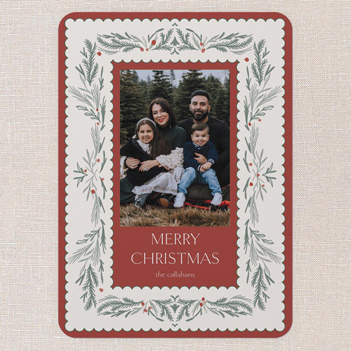 Timeless Sprigs Holiday Card, Red, 5x7 Flat, Christmas, Pearl Shimmer Cardstock, Rounded, Apple