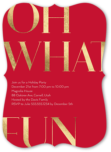 Oh Good Cheer Holiday Invitation, Red, 5x7 Flat, Pearl Shimmer Cardstock, Bracket