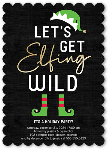 Elfing Wild Holiday Invitation, Black, 5x7 Flat, Pearl Shimmer Cardstock, Scallop