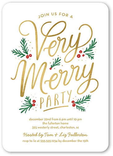 Golden Holly Party Holiday Invitation, White, 5x7 Flat, Pearl Shimmer Cardstock, Rounded