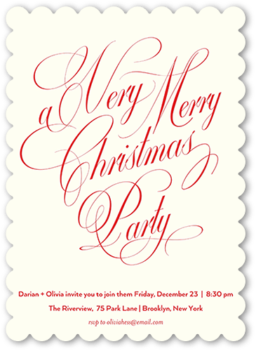 Classic Flourish Script Holiday Invitation, Beige, 5x7 Flat, Christmas, Pearl Shimmer Cardstock, Scallop