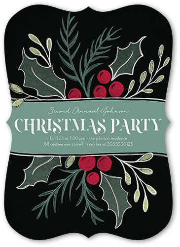 Large Holly Party Holiday Invitation, Black, 5x7 Flat, Christmas, Matte, Signature Smooth Cardstock, Bracket