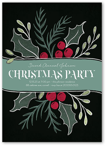 Large Holly Party Holiday Invitation, Black, 5x7 Flat, Christmas, 100% Recycled Cardstock , Square