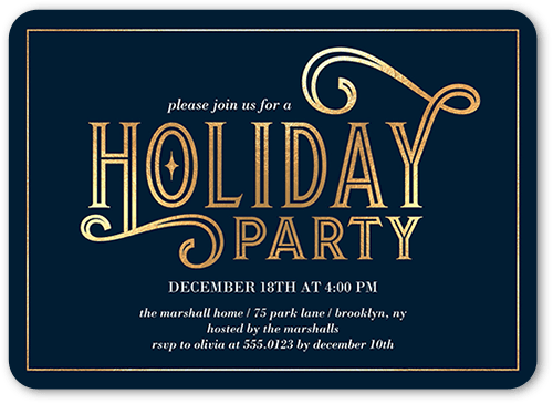Deco Party Holiday Invitation, Yellow, 5x7 Flat, Holiday, Pearl Shimmer Cardstock, Rounded