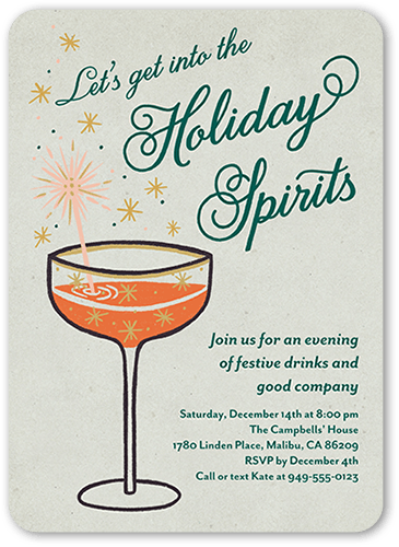 Retro Cocktail Holiday Invitation, Green, 5x7 Flat, Holiday, Pearl Shimmer Cardstock, Rounded