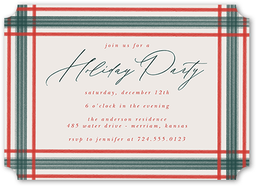 Plaid Edge Holiday Invitation, Red, 5x7 Flat, Holiday, Pearl Shimmer Cardstock, Ticket, White