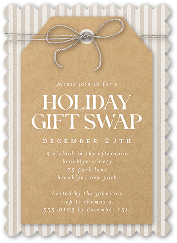 Gift Tag Fun Holiday Invitation, Beige, 5x7, Holiday, Pearl Shimmer Cardstock, Scallop