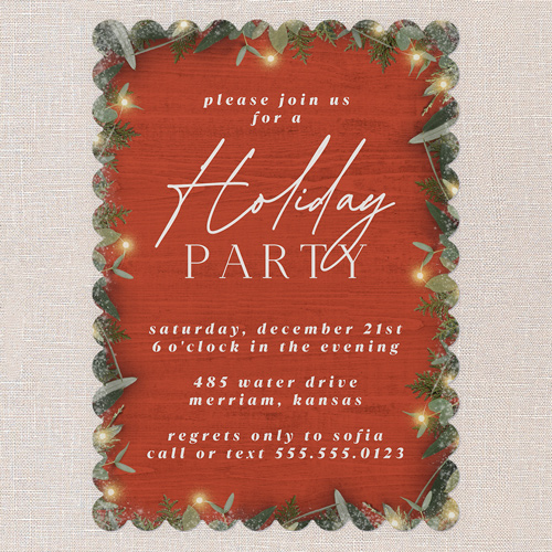 Holly Lights Holiday Invitation, Red, 5x7 Flat, Holiday, Pearl Shimmer Cardstock, Scallop