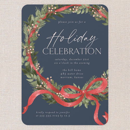 Timeless Wreath Holiday Invitation, Blue, 5x7 Flat, Write Your Own, 100% Recycled Cardstock , Rounded, Navy