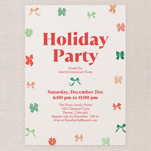 Bows Of Joy Holiday Invitation, Red, 5x7 Flat, Write Your Own Greeting, Standard Smooth Cardstock, Square