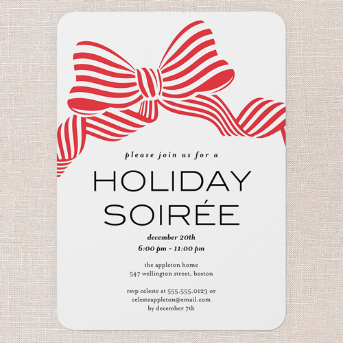 Striped Bow Invite Holiday Invitation, White, 5x7 Flat, Holiday, Matte, Signature Smooth Cardstock, Rounded, Almond