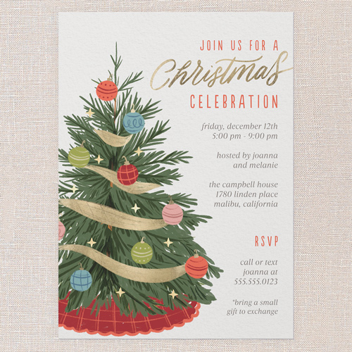 Ribboned Pine Holiday Invitation, Beige, 5x7 Flat, Christmas, Pearl Shimmer Cardstock, Square, Beige