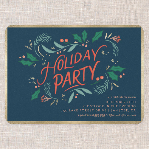 Holly Gathering Holiday Invitation, Blue, 5x7 Flat, Holiday, Pearl Shimmer Cardstock, Rounded, Indigo