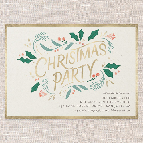 Holly Gathering Holiday Invitation, Beige, 5x7 Flat, Christmas, Pearl Shimmer Cardstock, Square, Beige