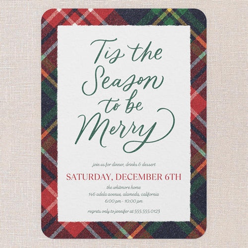 Plaid Gathering Holiday Invitation, Red, 5x7 Flat, Holiday, Pearl Shimmer Cardstock, Rounded, Red