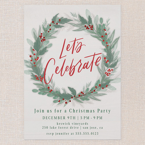 Cheerful Wreath Holiday Invitation, none, Beige, 5x7 Flat, Christmas, Pearl Shimmer Cardstock, Square, Cream