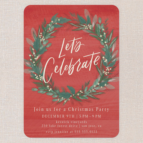 Cheerful Wreath Holiday Invitation, none, Red, 5x7 Flat, Christmas, Pearl Shimmer Cardstock, Rounded, Red