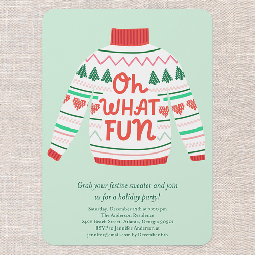Sweater Soiree Holiday Invitation, Green, 5x7 Flat, Holiday, Pearl Shimmer Cardstock, Rounded, Sea Breeze