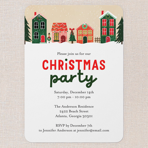 Festive Village Holiday Invitation, White, 5x7 Flat, Christmas, Pearl Shimmer Cardstock, Rounded, White