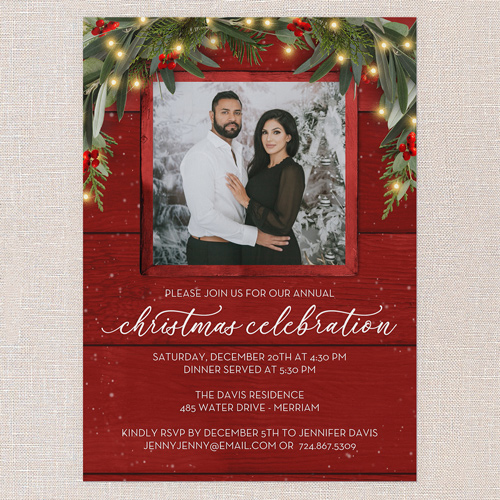 Evergreen Glow Holiday Invitation, Red, 5x7 Flat, Christmas, Pearl Shimmer Cardstock, Square, Red