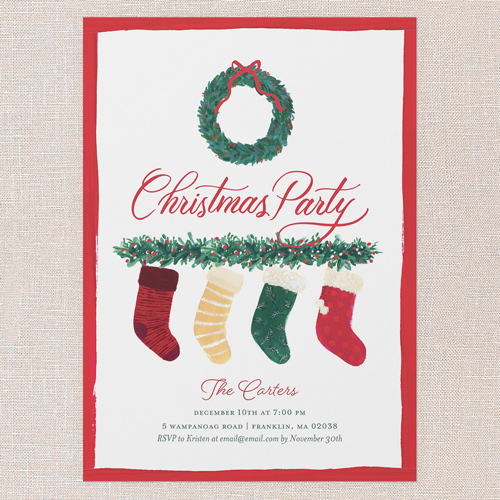 Stockings Party Holiday Invitation, White, 5x7 Flat, Christmas, Pearl Shimmer Cardstock, Square, White