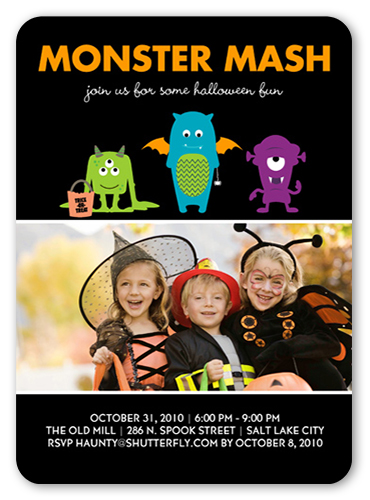 Monster Mash Halloween Invitation, Black, Pearl Shimmer Cardstock, Rounded