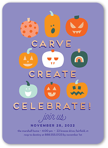 Creative Carvings Halloween Invitation, Purple, 5x7, Standard Smooth Cardstock, Rounded