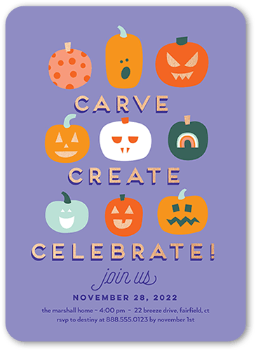 Creative Carvings Halloween Invitation, Purple, 5x7 Flat, Matte, Signature Smooth Cardstock, Rounded