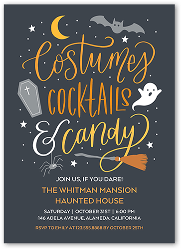 Costumes and Cocktails Halloween Invitation, Gray, 5x7 Flat, Luxe Double-Thick Cardstock, Square