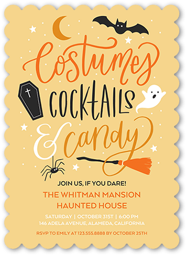 Costumes and Cocktails Halloween Invitation, Yellow, 5x7 Flat, Matte, Signature Smooth Cardstock, Scallop