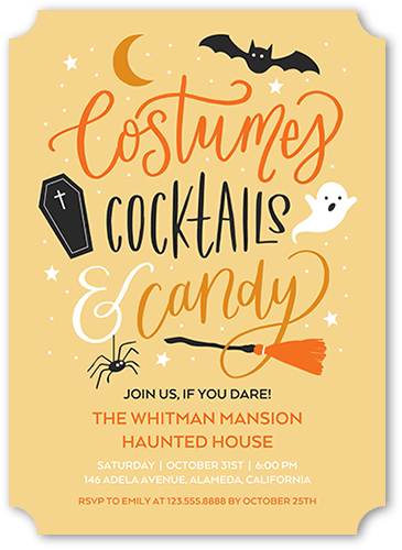 Costumes and Cocktails Halloween Invitation, Yellow, 5x7, Pearl Shimmer Cardstock, Ticket