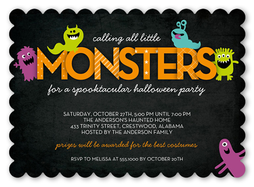 Mini Monsters Halloween Invitation, Black, Pearl Shimmer Cardstock, Scallop