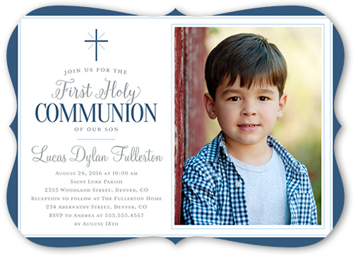 Faithfully Framed Boy Communion Invitation, Blue, Pearl Shimmer Cardstock, Bracket