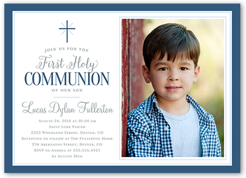 Faithfully Framed Boy Communion Invitation, Blue, Pearl Shimmer Cardstock, Square